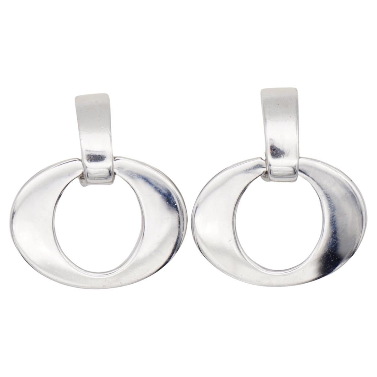 Christian Dior Vintage 1980 Large Oval Hoop Statement Silver Drop Clip Earrings