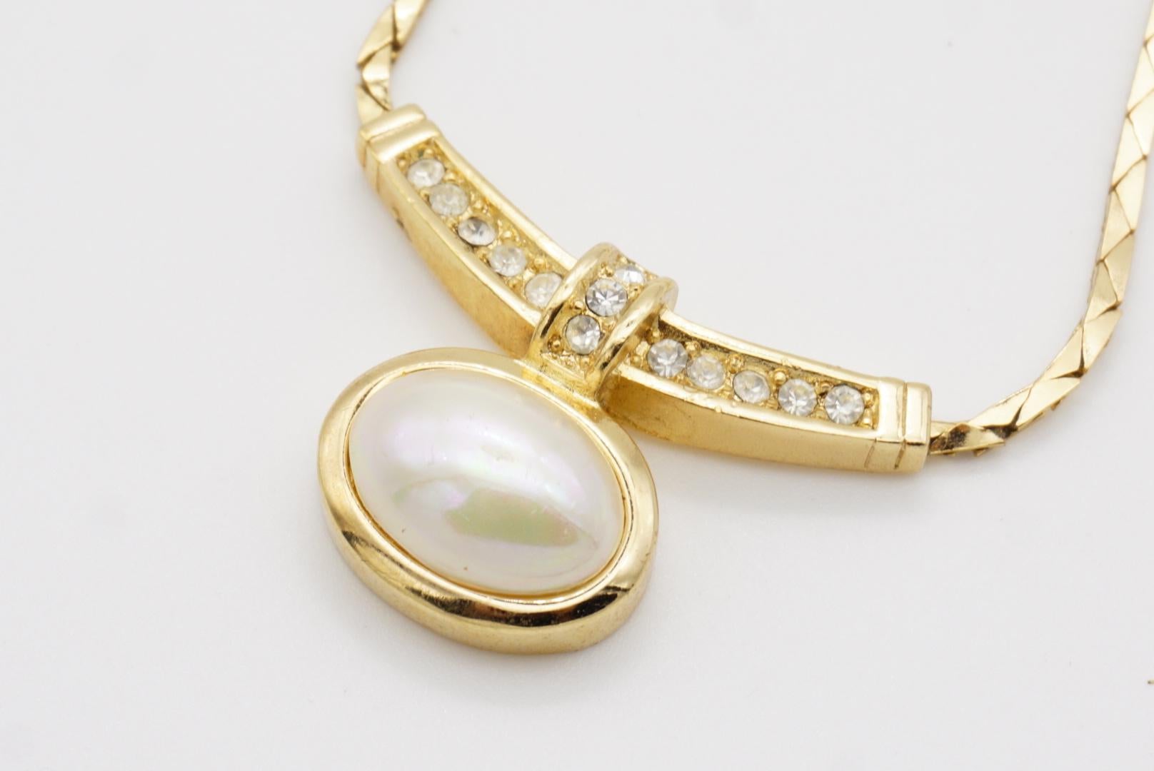 Christian Dior Vintage 1980 Large Oval White Pearl Curled Bar Crystals Necklace For Sale 8