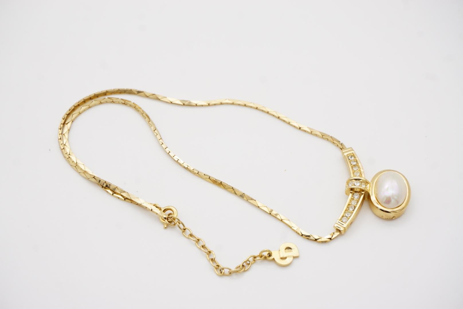 Christian Dior Vintage 1980 Large Oval White Pearl Curled Bar Crystals Necklace For Sale 12