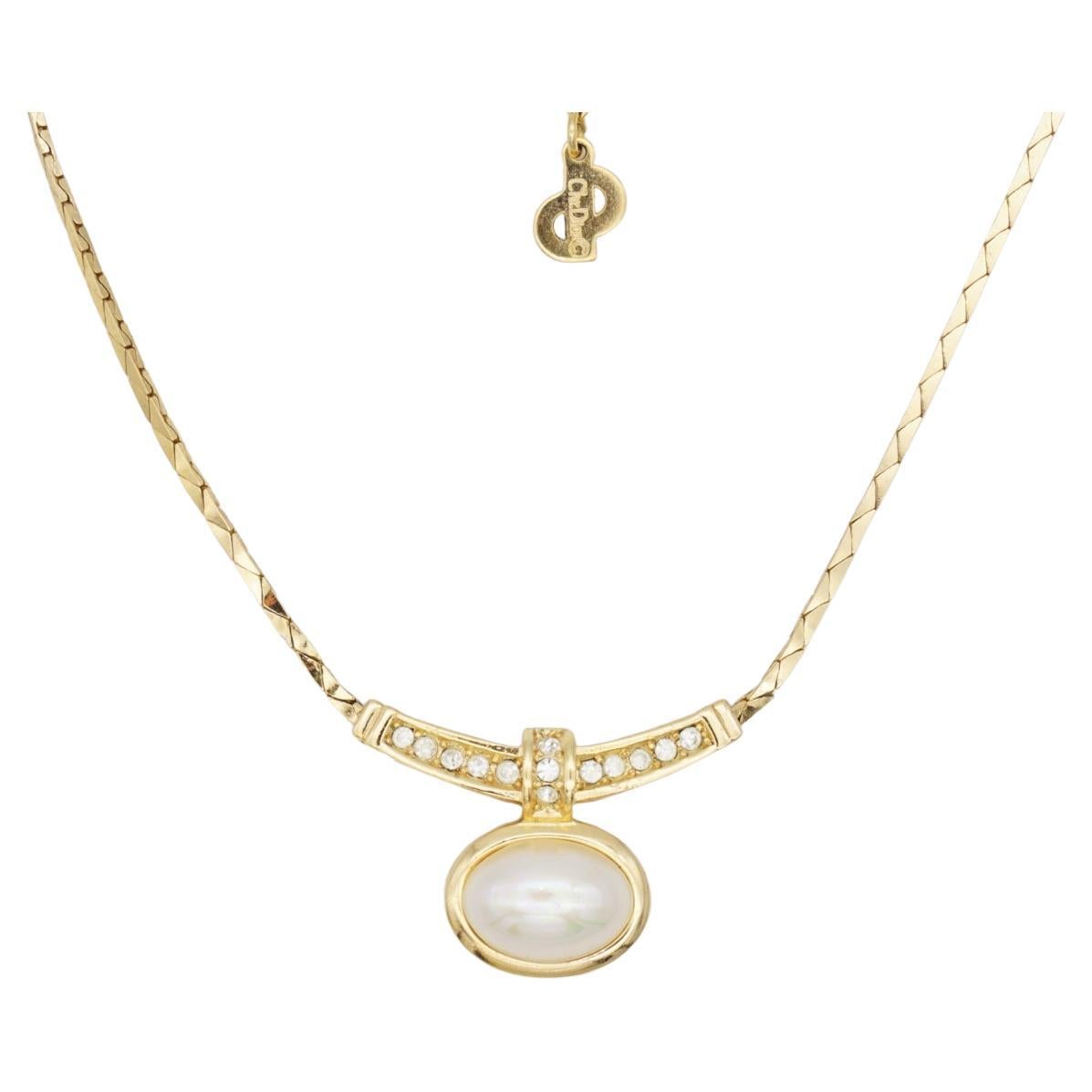 Christian Dior Vintage 1980 Large Oval White Pearl Curled Bar Crystals Necklace For Sale