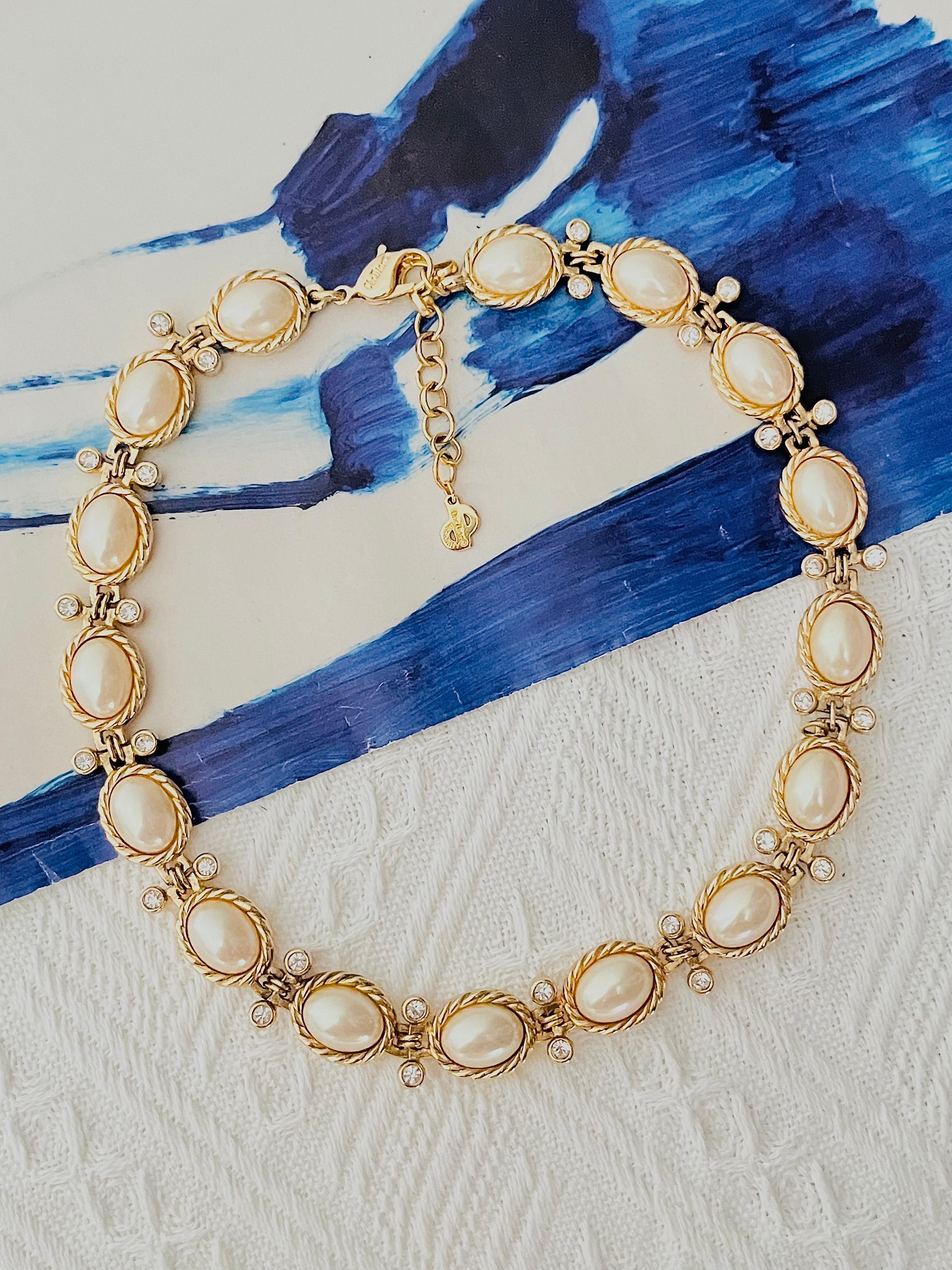 Christian Dior Vintage 1980 Gran Collar Ovalado de Perlas Blancas y Cristales Brillantes Art Decó en venta