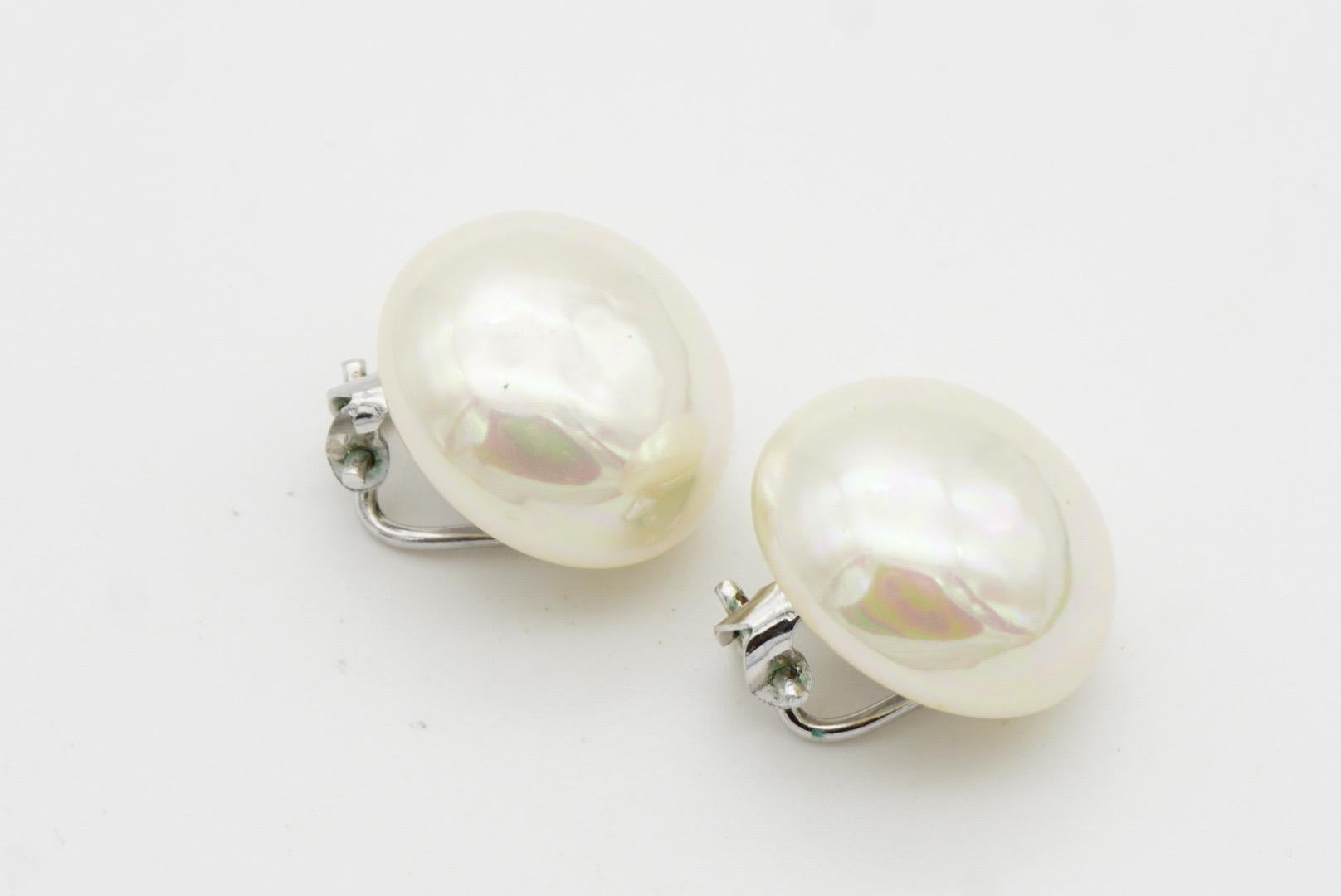 Christian Dior Vintage 1980 Large Round Aurora White Pearl Silver Clip Earrings 5