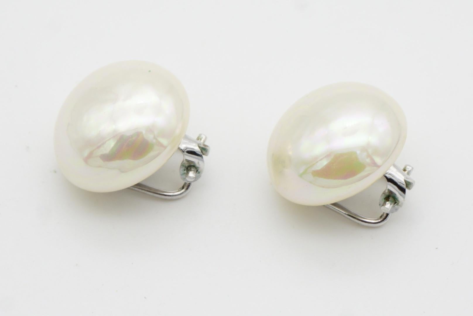 Christian Dior Vintage 1980 Large Round Aurora White Pearl Silver Clip Earrings 6