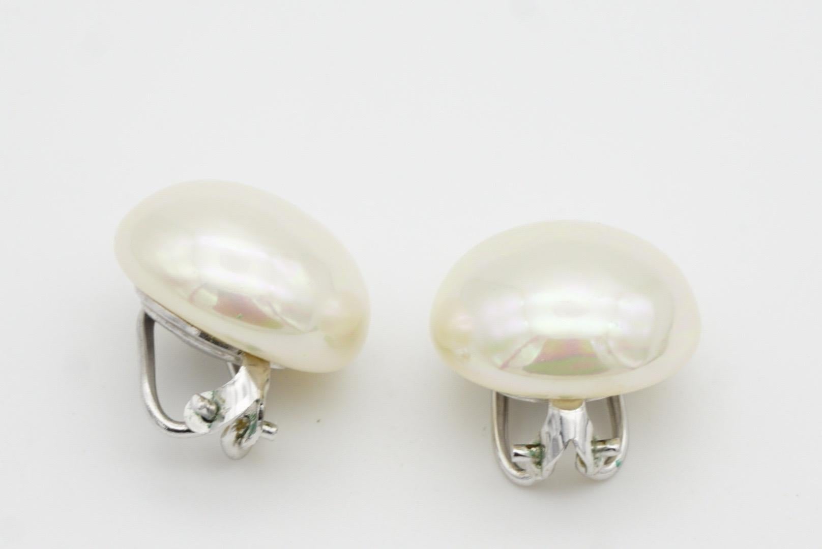 Christian Dior Vintage 1980 Large Round Aurora White Pearl Silver Clip Earrings 8