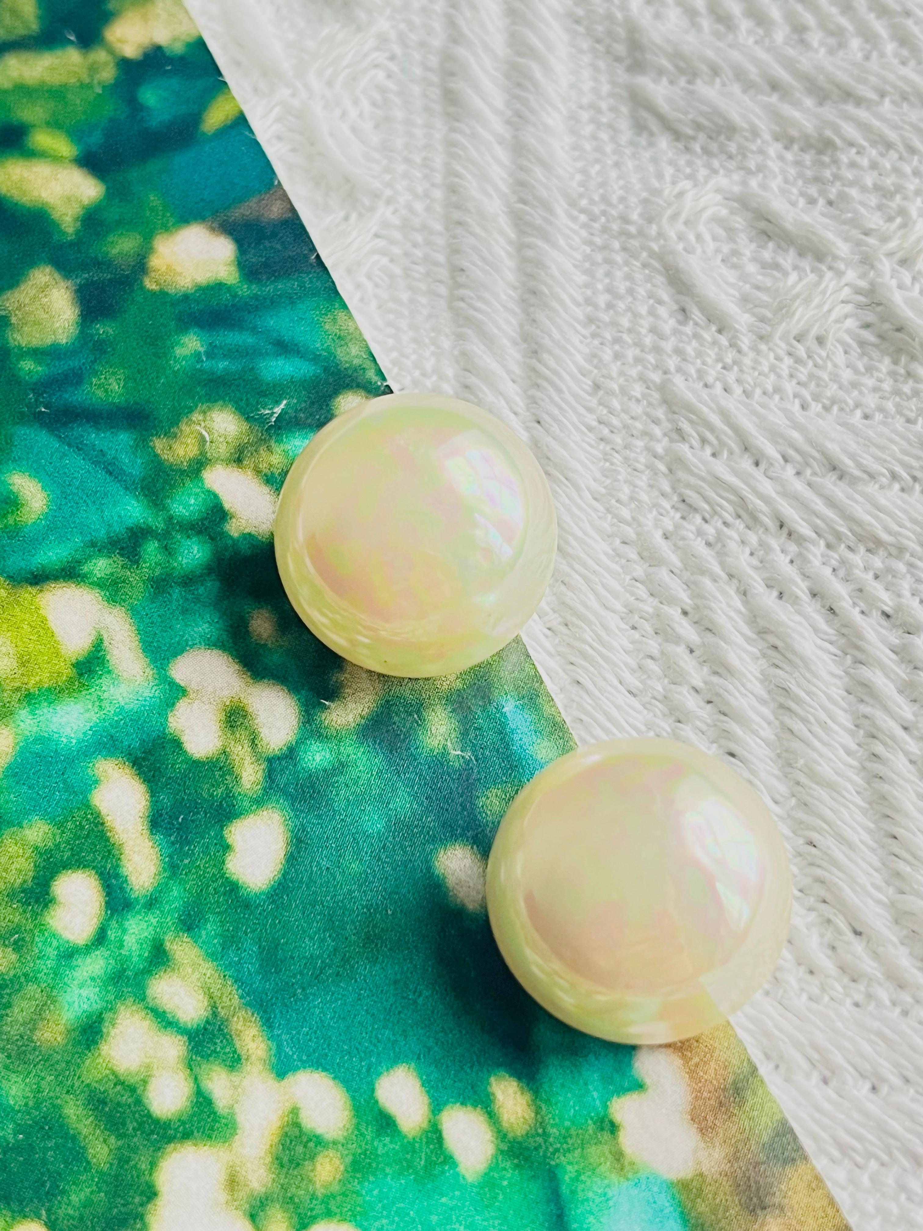 Art Deco Christian Dior Vintage 1980 Large Round Aurora White Pearl Silver Clip Earrings
