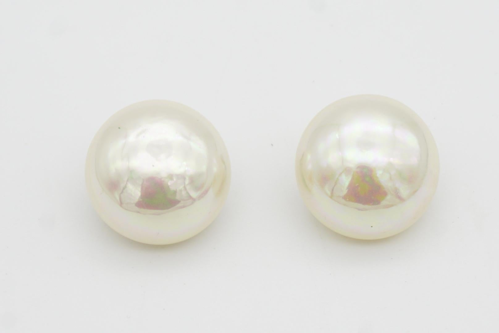 Christian Dior Vintage 1980 Large Round Aurora White Pearl Silver Clip Earrings 3