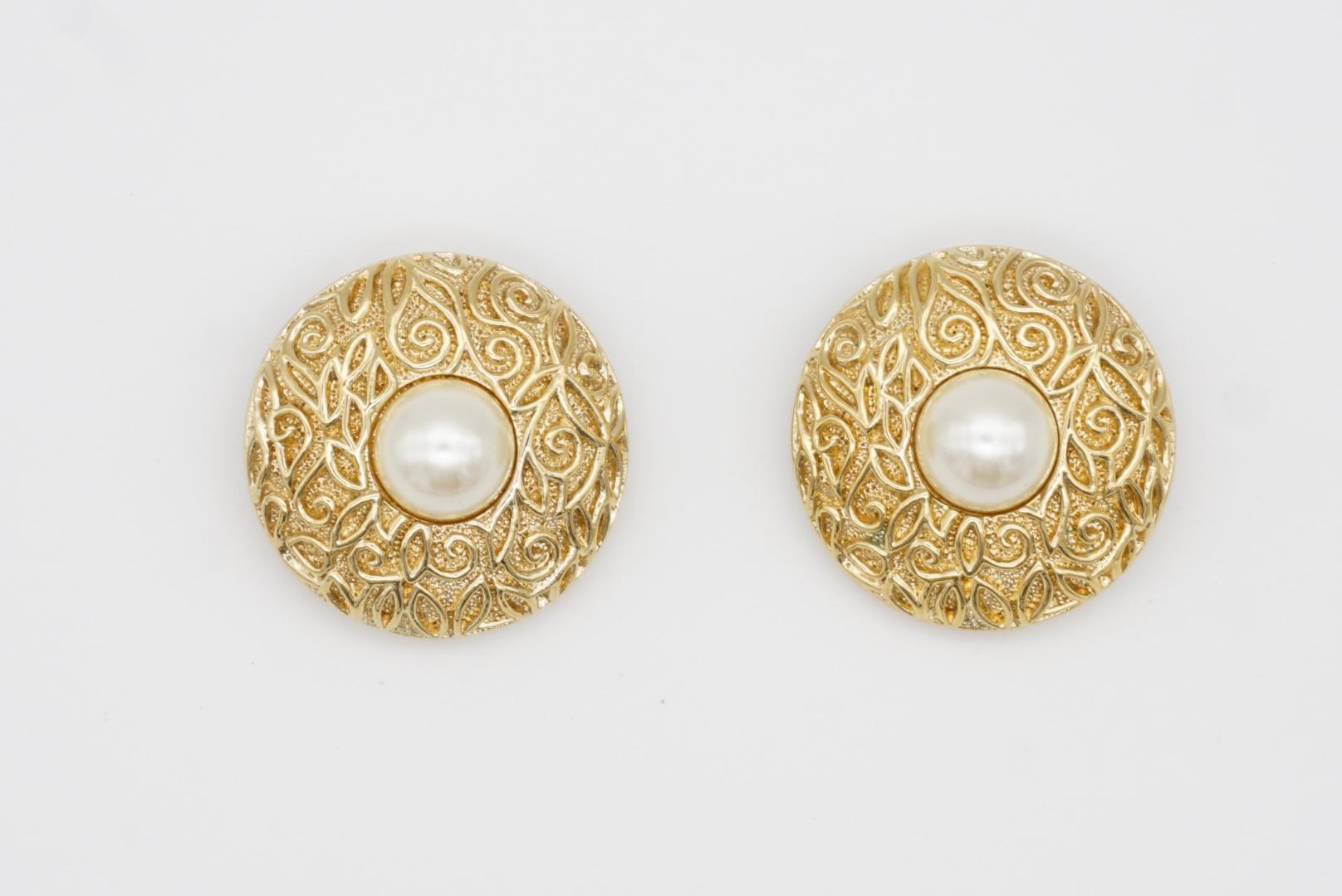 Christian Dior Vintage 1980 Large Round Relief Flower White Pearl Clip Earrings For Sale 1