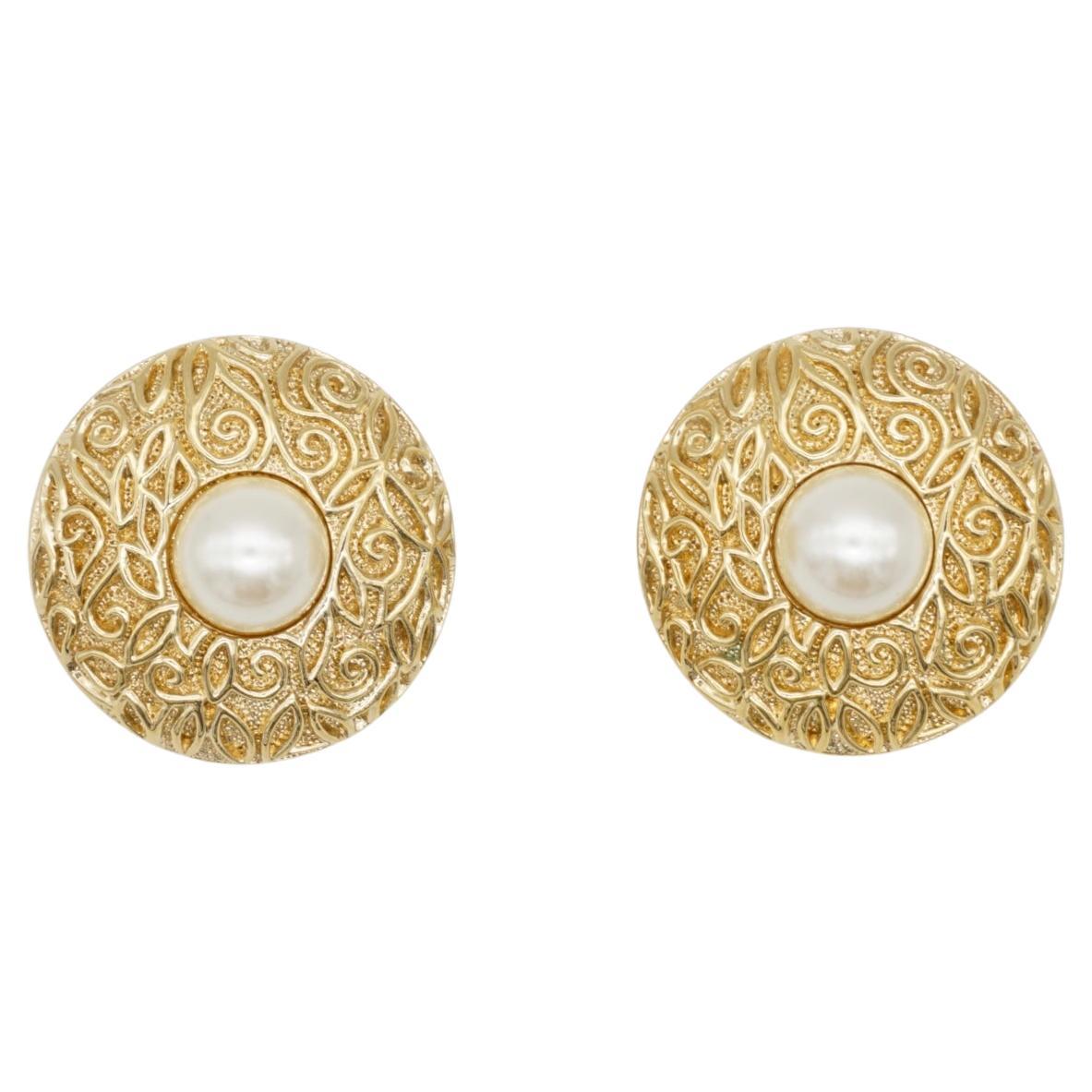 Christian Dior Vintage 1980 Large Round Relief Flower White Pearl Clip Earrings For Sale