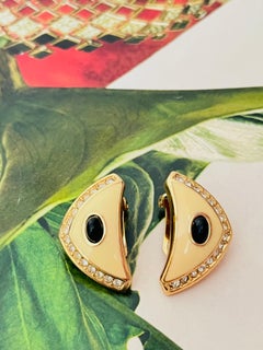 Christian Dior Vintage 1980 Large Triangle Beige Enamel Black Cabochon Earrings
