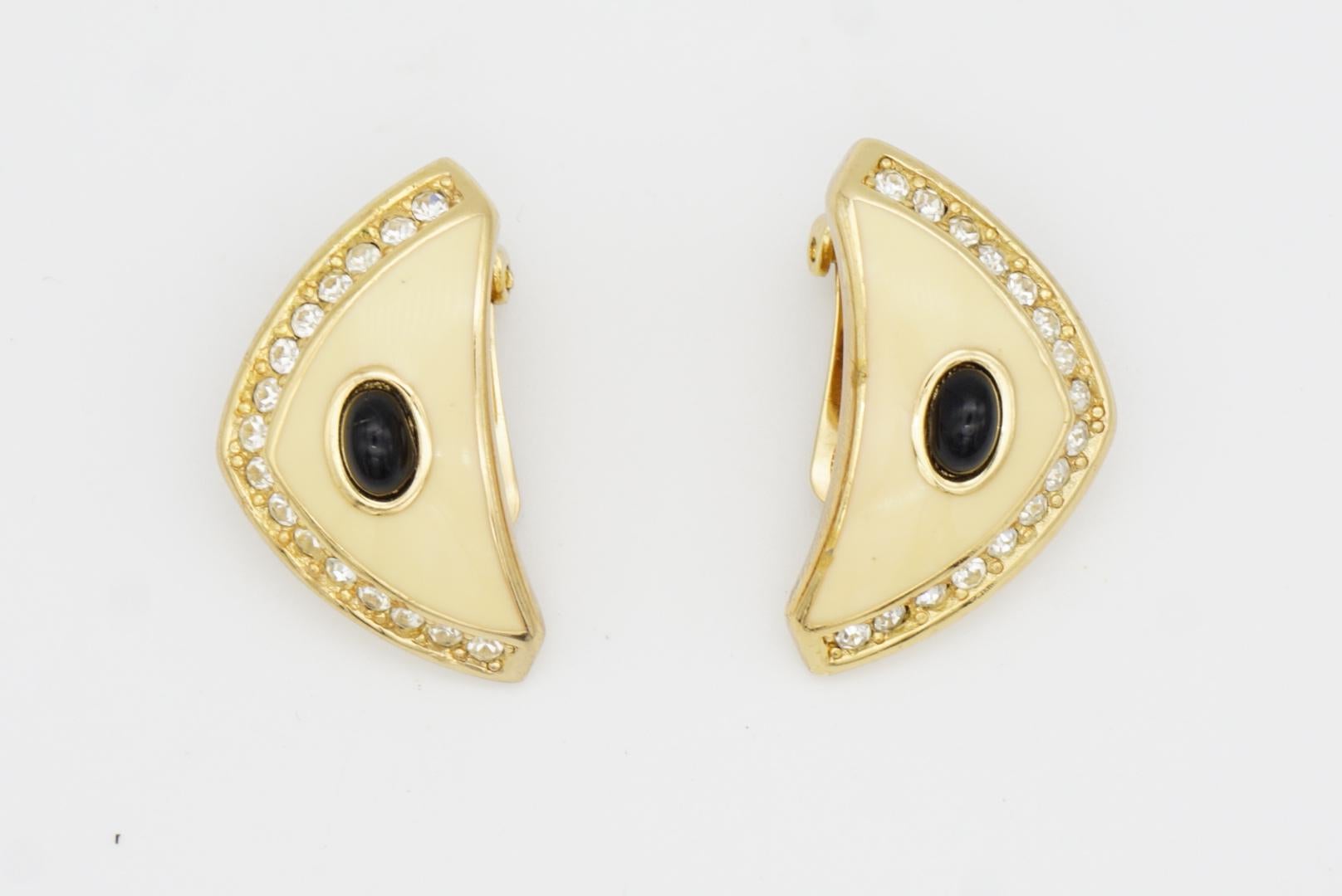 Christian Dior Vintage 1980 Large Triangle Beige Enamel Black Cabochon Earrings For Sale 2