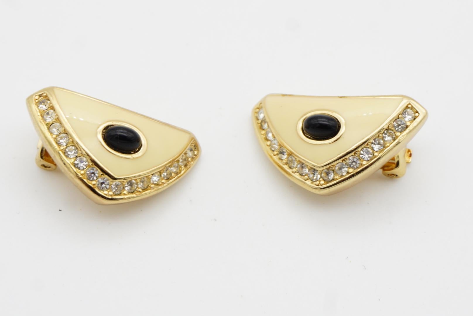 Christian Dior Vintage 1980 Large Triangle Beige Enamel Black Cabochon Earrings For Sale 4