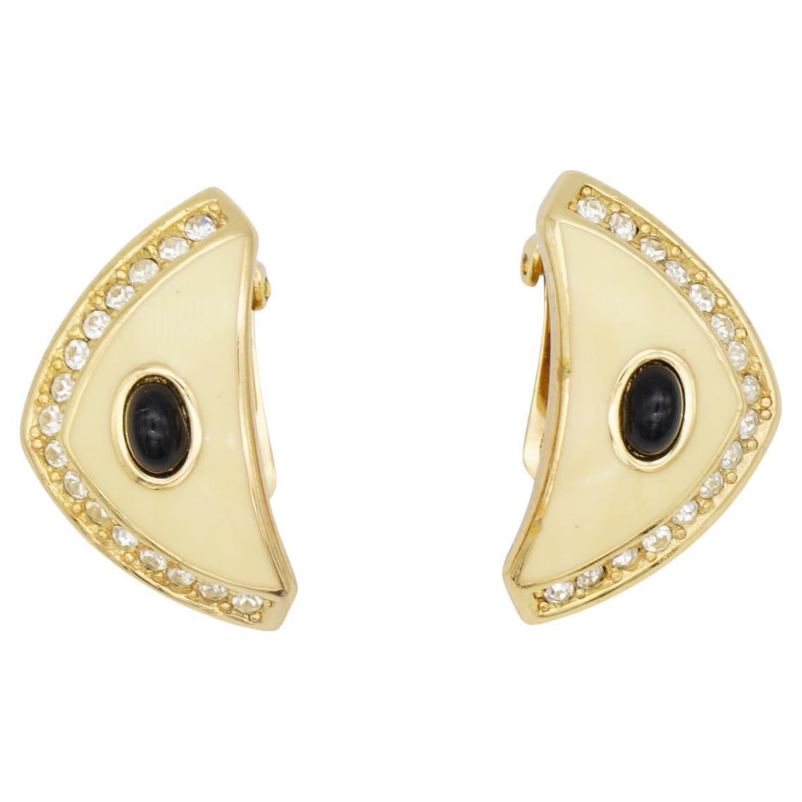 Christian Dior Vintage 1980 Large Triangle Beige Enamel Black Cabochon Earrings For Sale