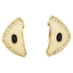 Christian Dior Vintage 1980 Large Triangle Beige Enamel Black Cabochon Earrings