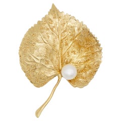 Christian Dior Vintage 1980 Vivid Wavy Grain Cottonwood Leaf White Pearl Brooch