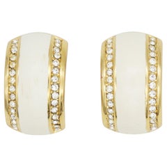 Christian Dior Vintage 1980 Large White Crystals Enamel Hoop Domed Clip Earrings