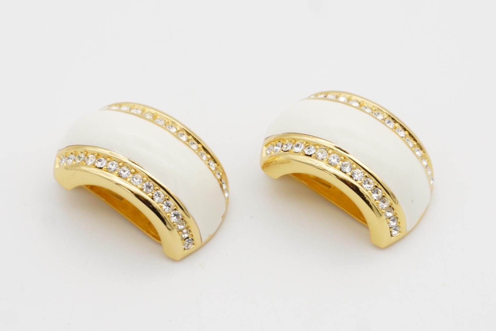 Christian Dior Vintage 1980 Large White Double Crystals Dome Hoop Clip Earrings For Sale 5