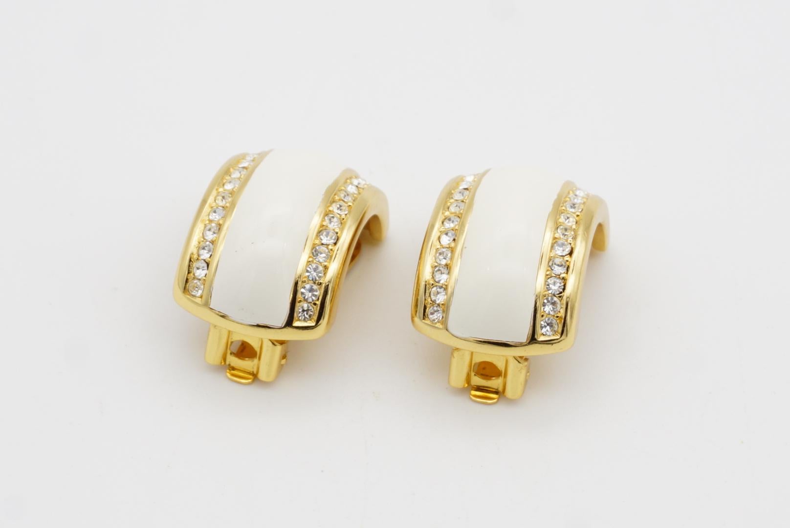 Christian Dior Vintage 1980 Large White Double Crystals Dome Hoop Clip Earrings For Sale 6
