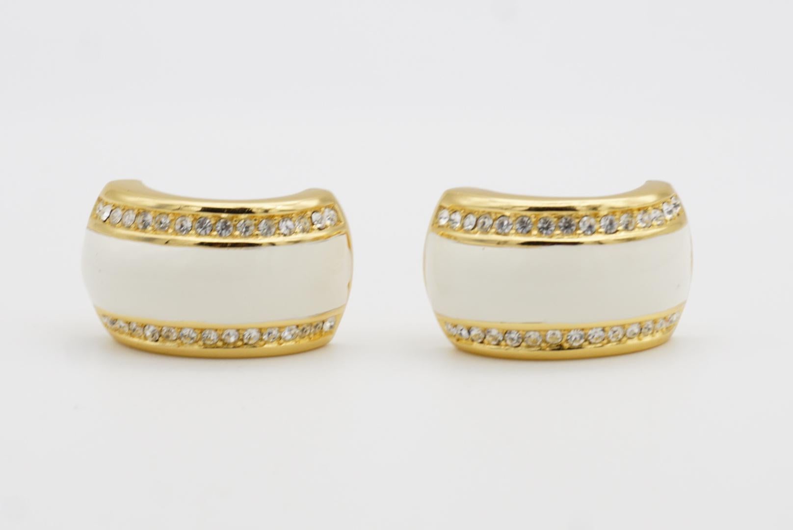 Christian Dior Vintage 1980 Large White Double Crystals Dome Hoop Clip Earrings For Sale 9