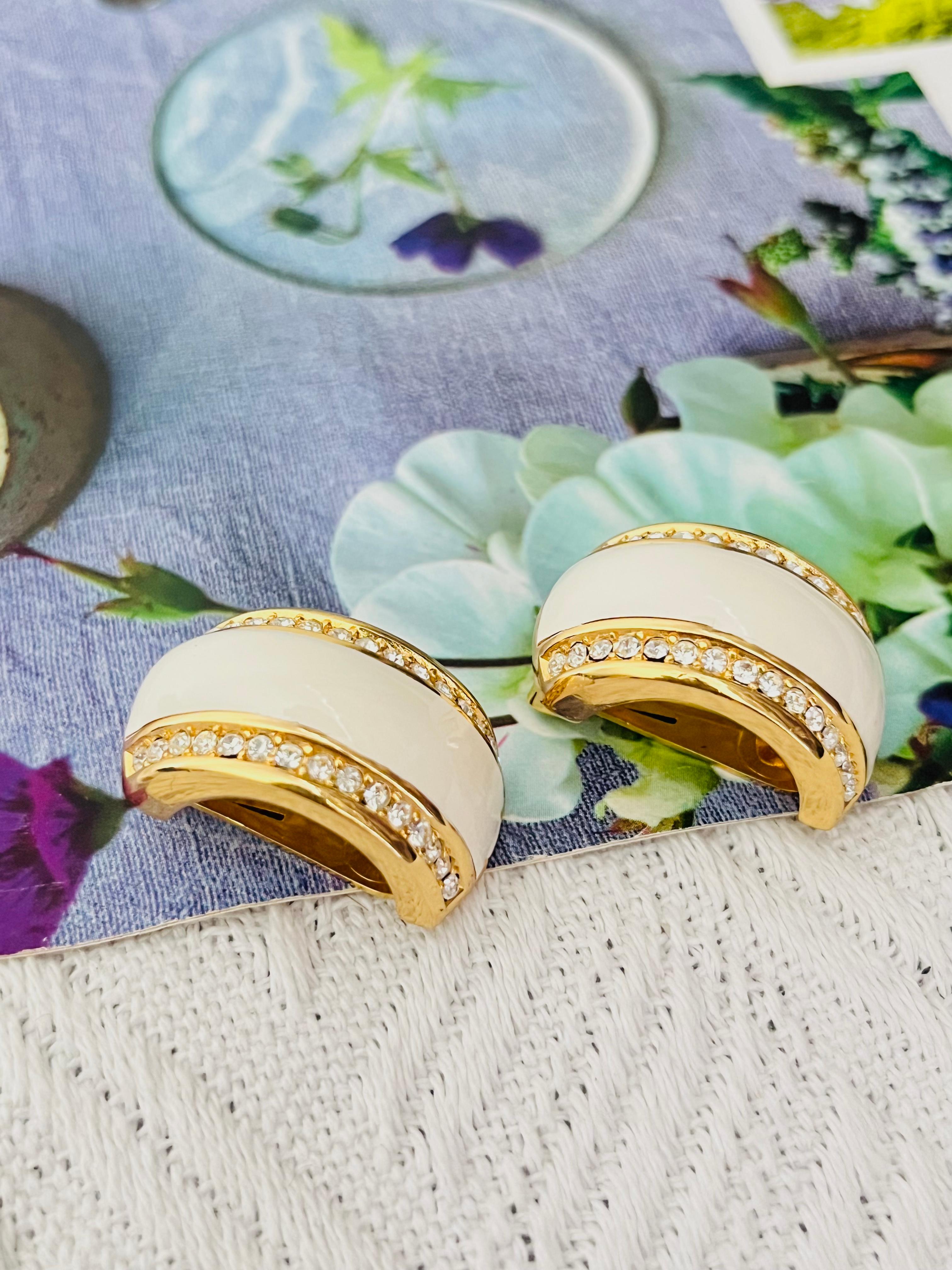 Art Deco Christian Dior Vintage 1980 Large White Double Crystals Dome Hoop Clip Earrings For Sale