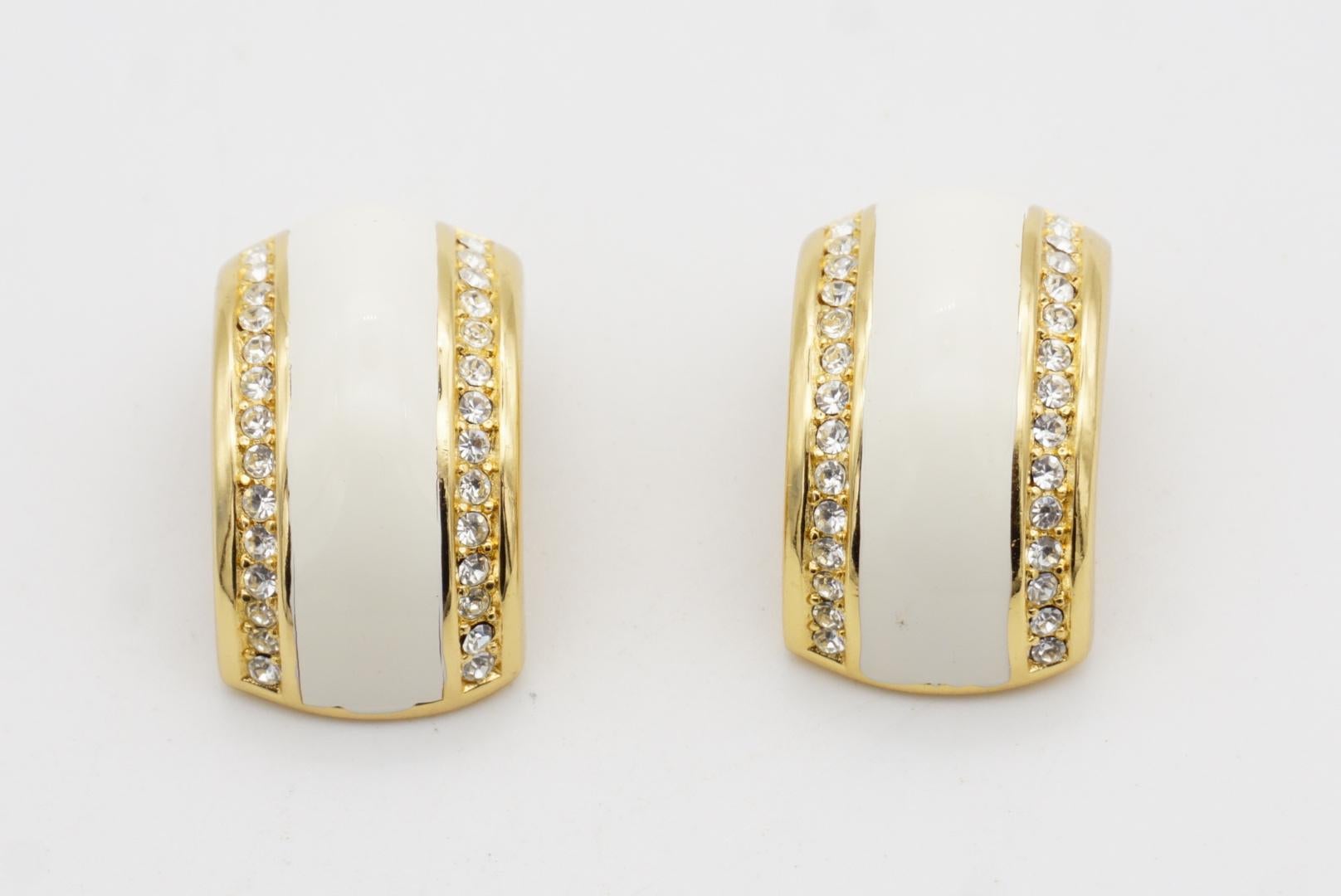 Christian Dior Vintage 1980 Large White Double Crystals Dome Hoop Clip Earrings For Sale 3