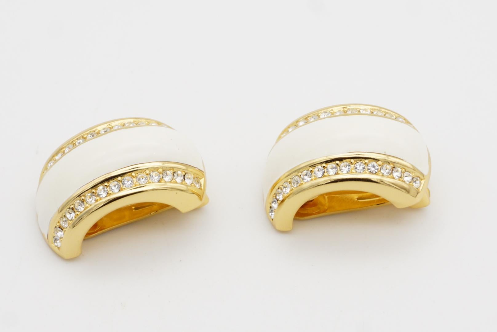 Christian Dior Vintage 1980 Large White Double Crystals Dome Hoop Clip Earrings For Sale 4