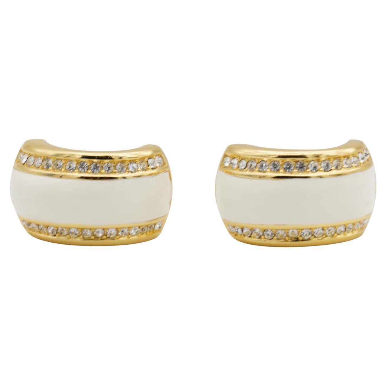 Christian Dior Vintage 1980 Large White Double Crystals Dome Hoop Clip Earrings For Sale