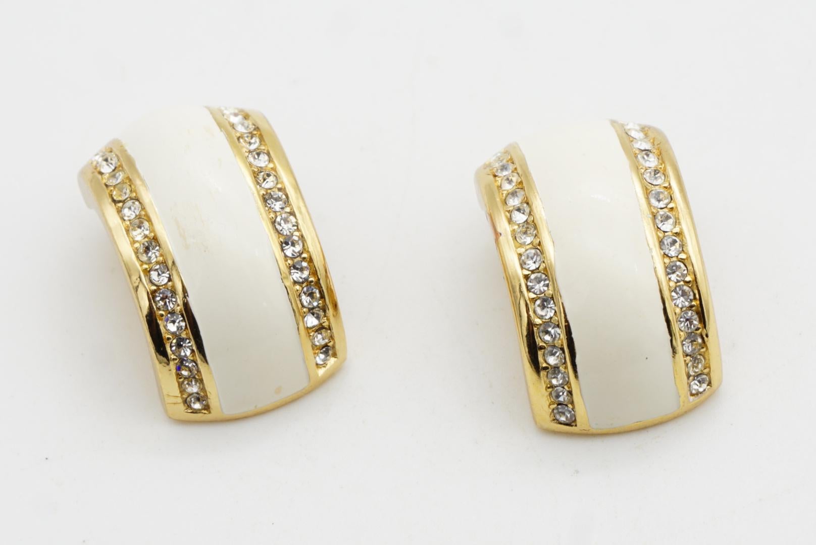 Christian Dior Vintage 1980 Large White Enamel Crystals Hoop Dome Clip Earrings For Sale 5