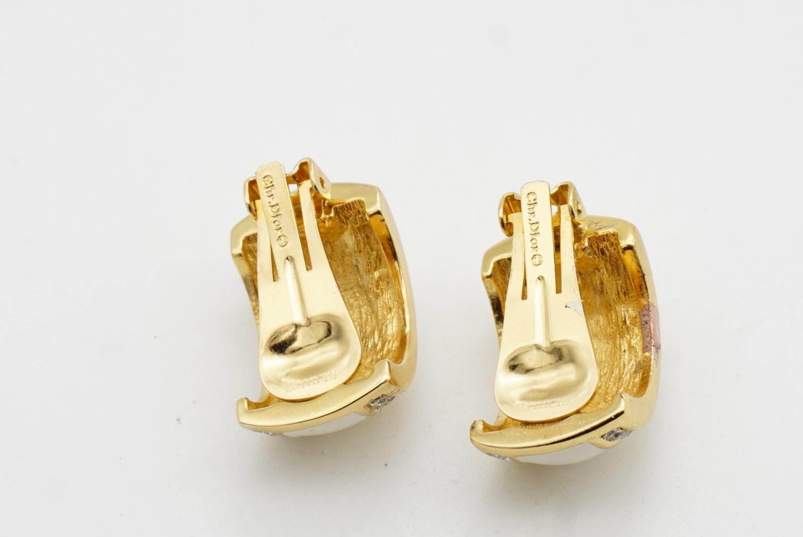 Christian Dior Vintage 1980 Large White Enamel Crystals Hoop Dome Clip Earrings For Sale 6
