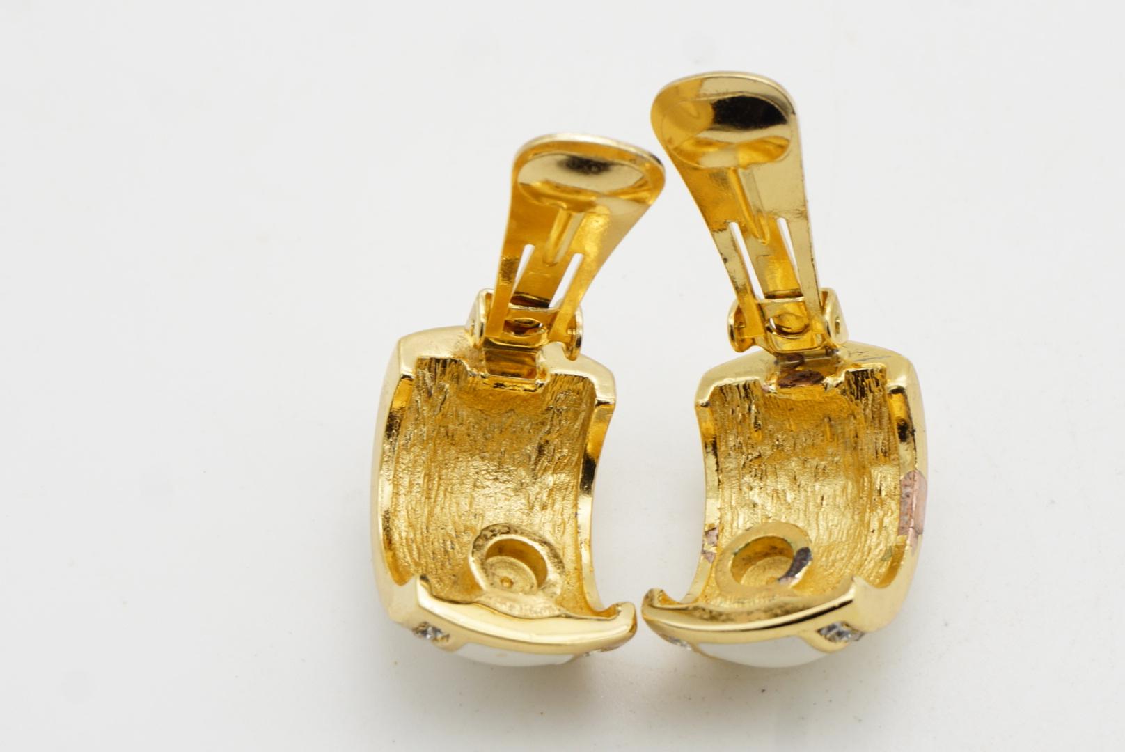 Christian Dior Vintage 1980 Large White Enamel Crystals Hoop Dome Clip Earrings For Sale 7