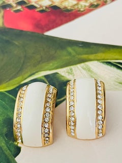 Christian Dior Vintage 1980 Large White Enamel Crystals Hoop Dome Clip Earrings