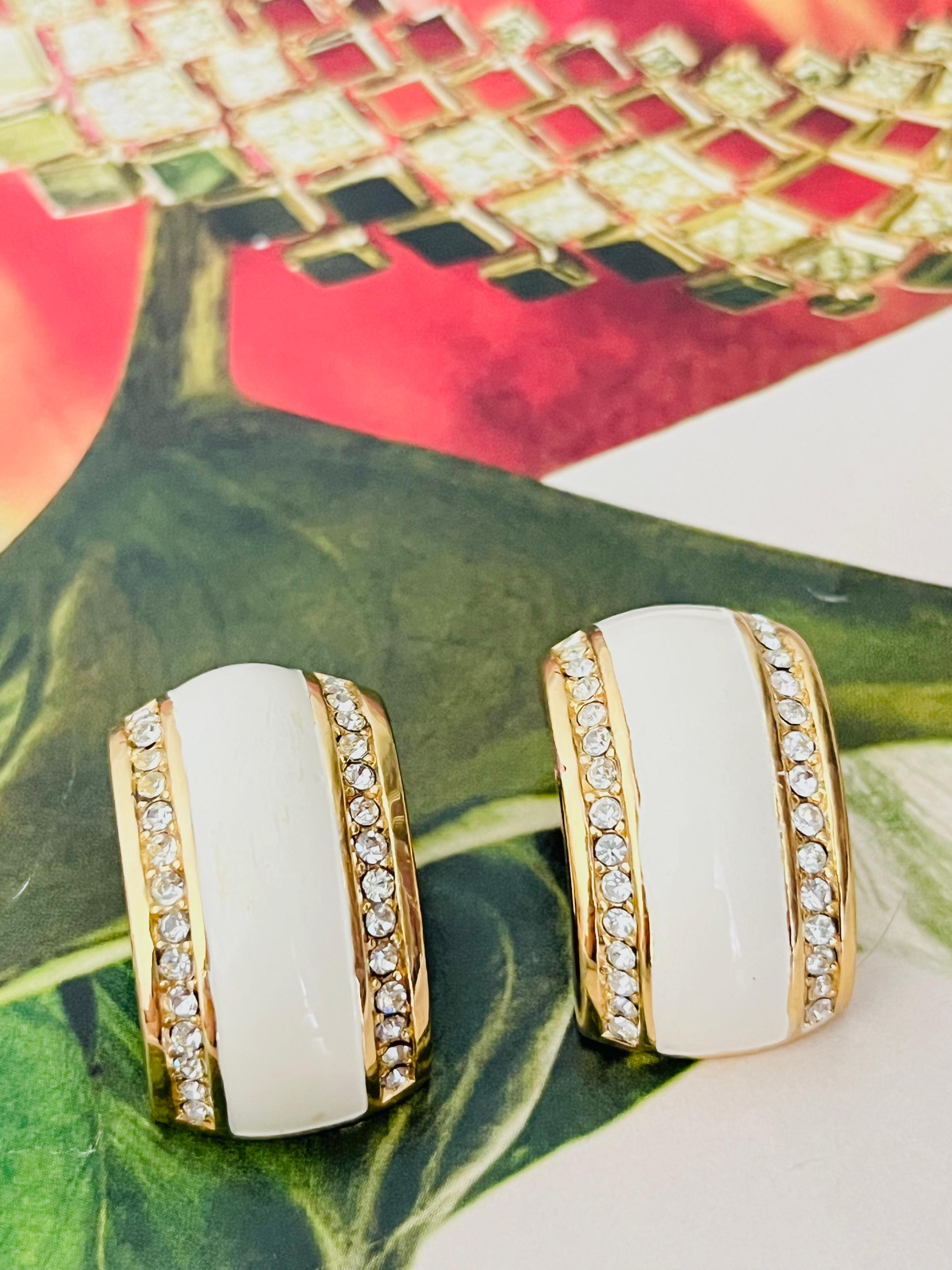 Art Deco Christian Dior Vintage 1980 Large White Enamel Crystals Hoop Dome Clip Earrings For Sale