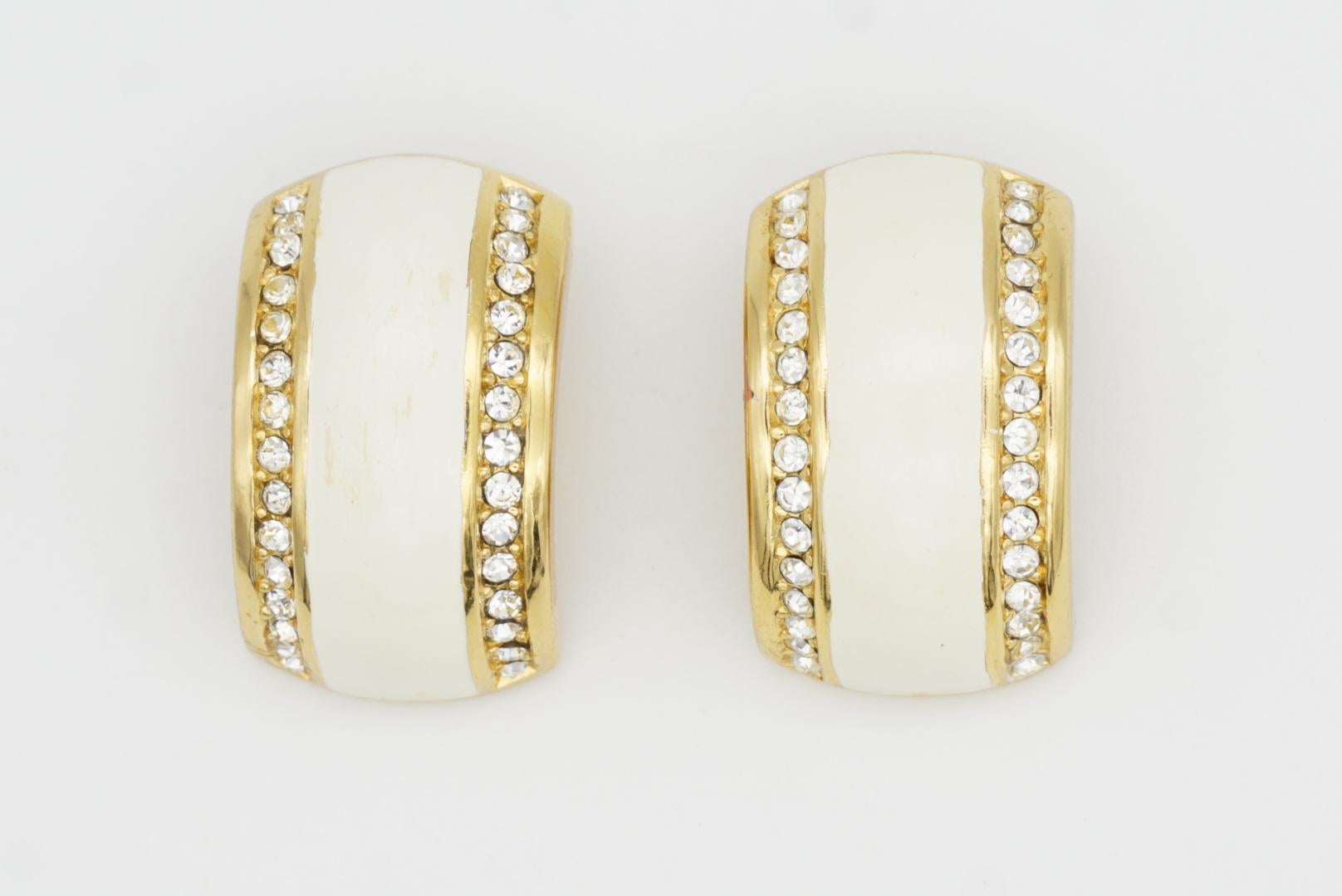 Christian Dior Vintage 1980 Large White Enamel Crystals Hoop Dome Clip Earrings For Sale 2