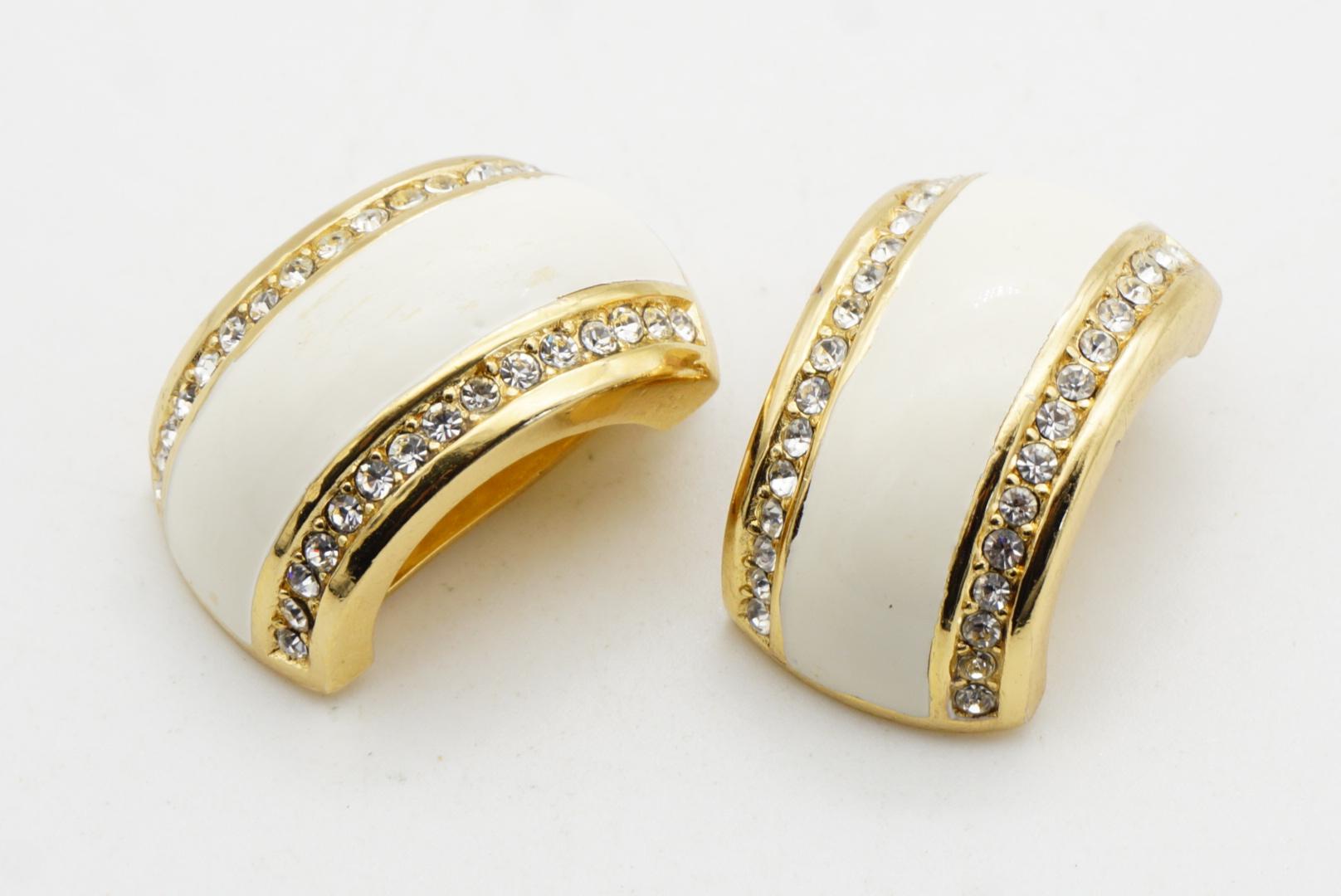 Christian Dior Vintage 1980 Large White Enamel Crystals Hoop Dome Clip Earrings For Sale 3