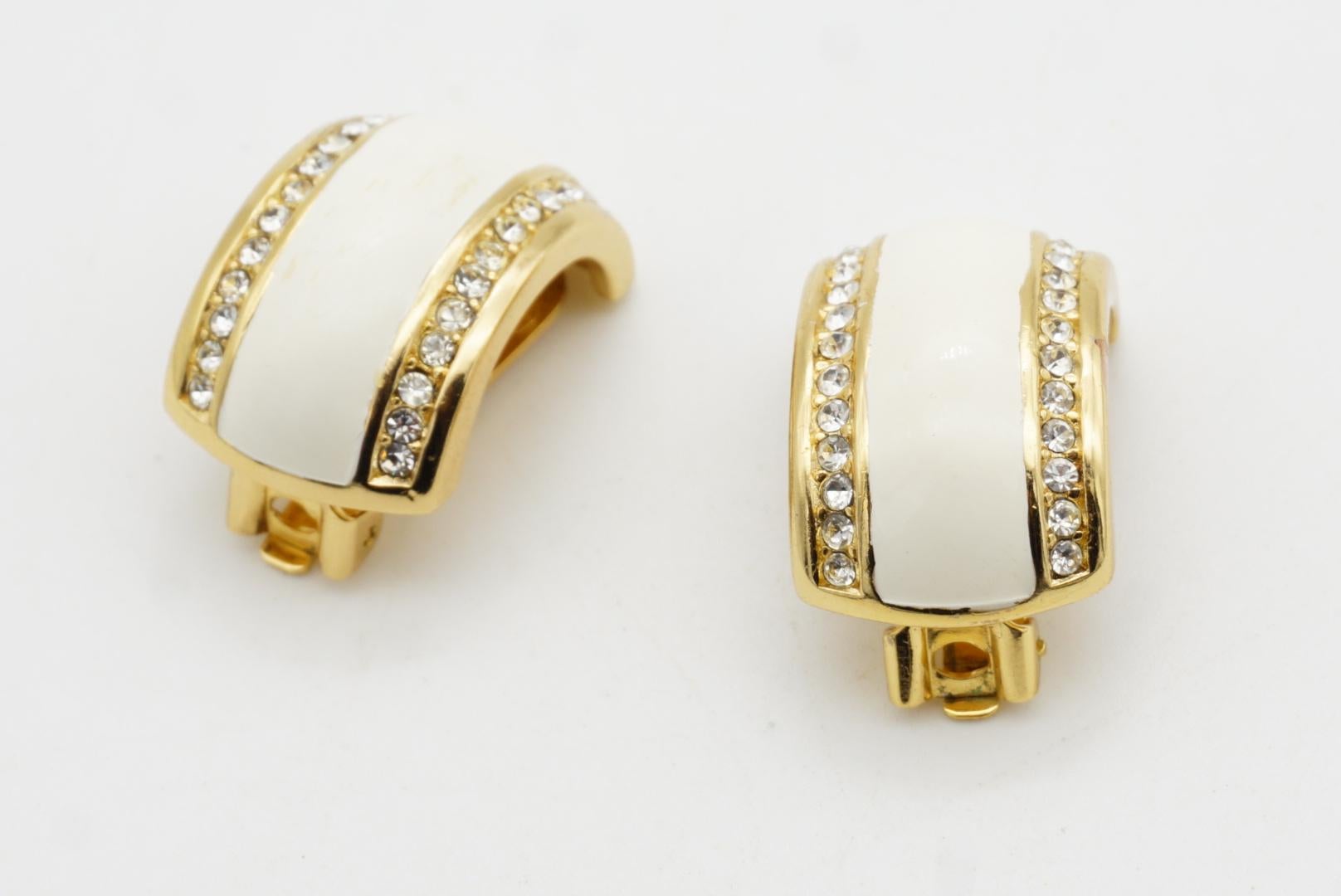 Christian Dior Vintage 1980 Large White Enamel Crystals Hoop Dome Clip Earrings For Sale 4