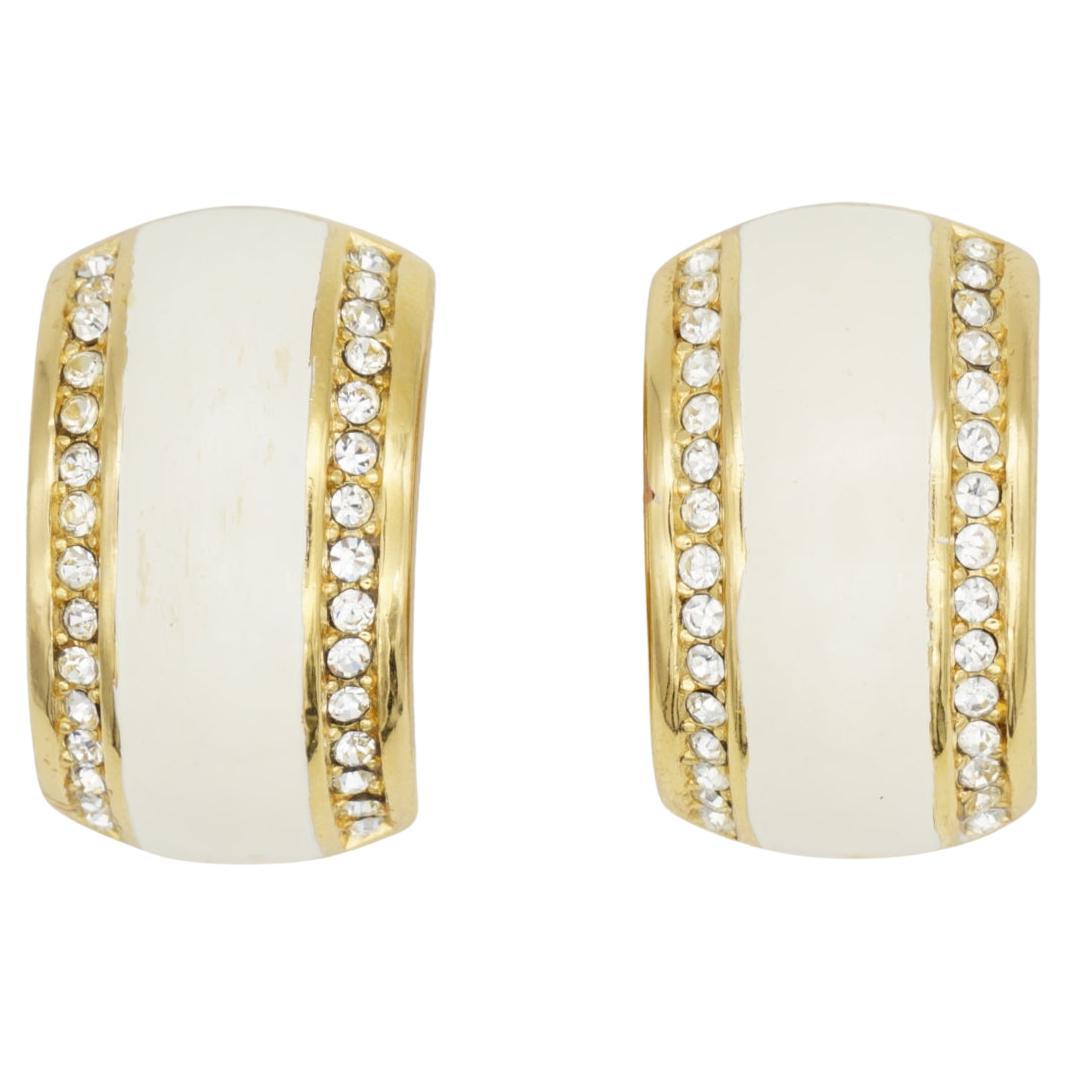 Christian Dior Vintage 1980 Large White Enamel Crystals Hoop Dome Clip Earrings For Sale