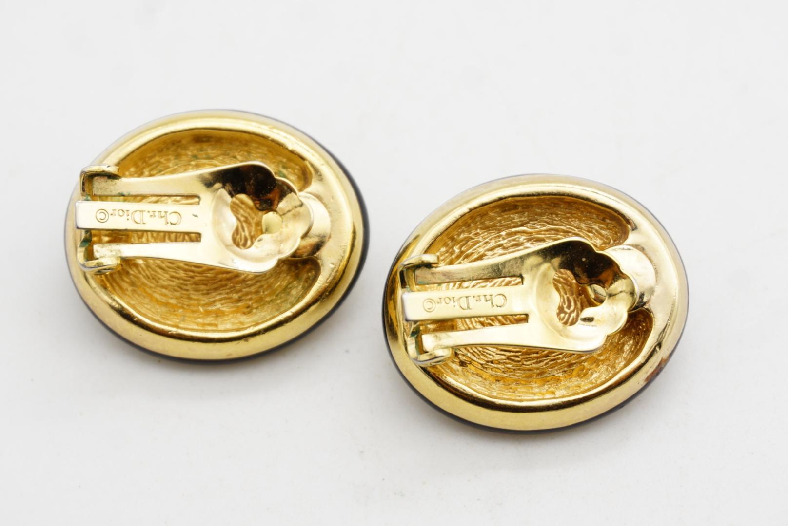 Christian Dior Vintage 1980 Large White Pearl Crystals Oval Black Earrings Gold For Sale 5