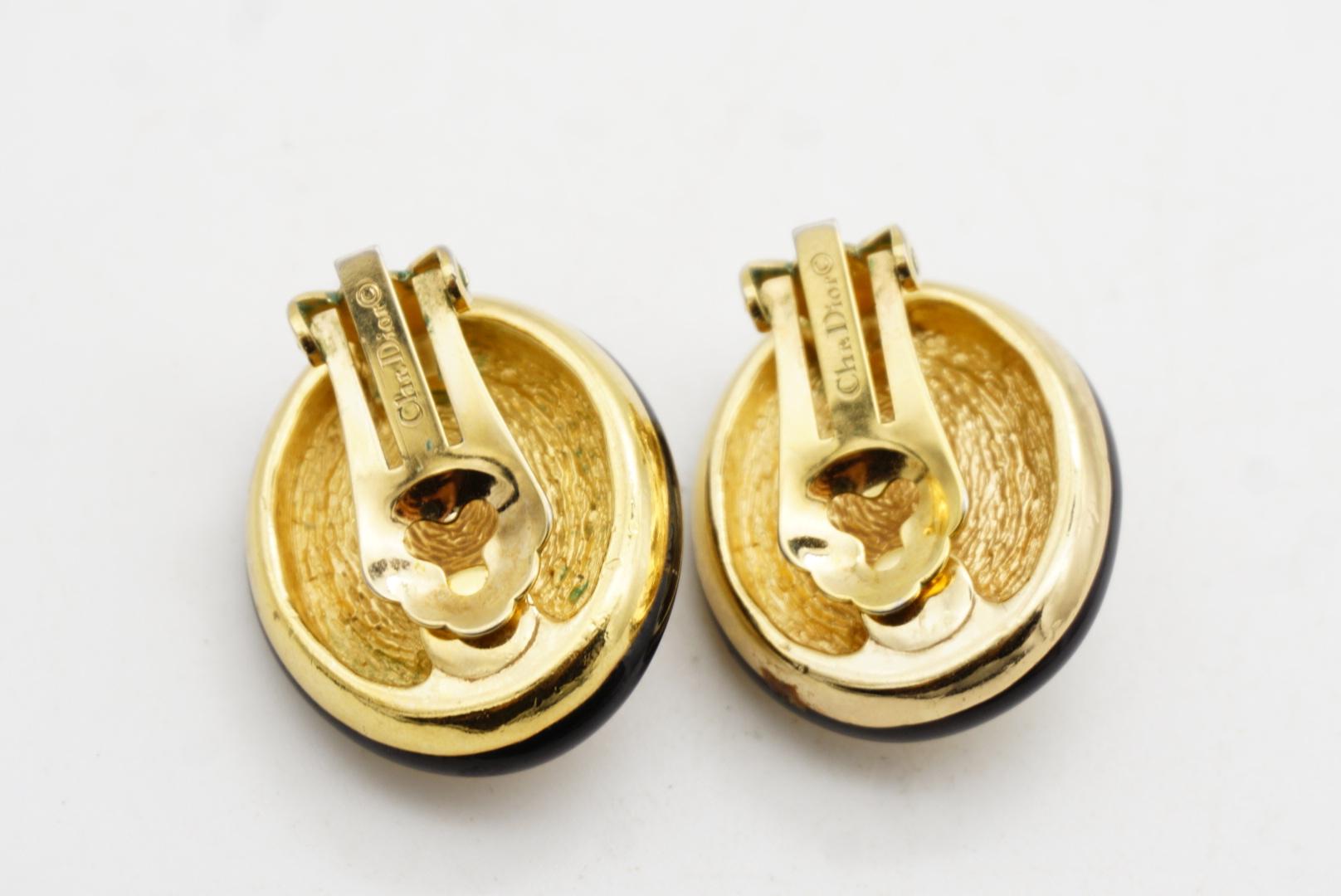 Christian Dior Vintage 1980 Large White Pearl Crystals Oval Black Earrings Gold For Sale 6