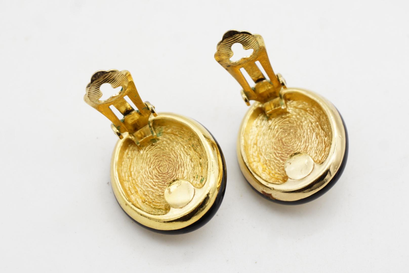 Christian Dior Vintage 1980 Large White Pearl Crystals Oval Black Earrings Gold For Sale 7