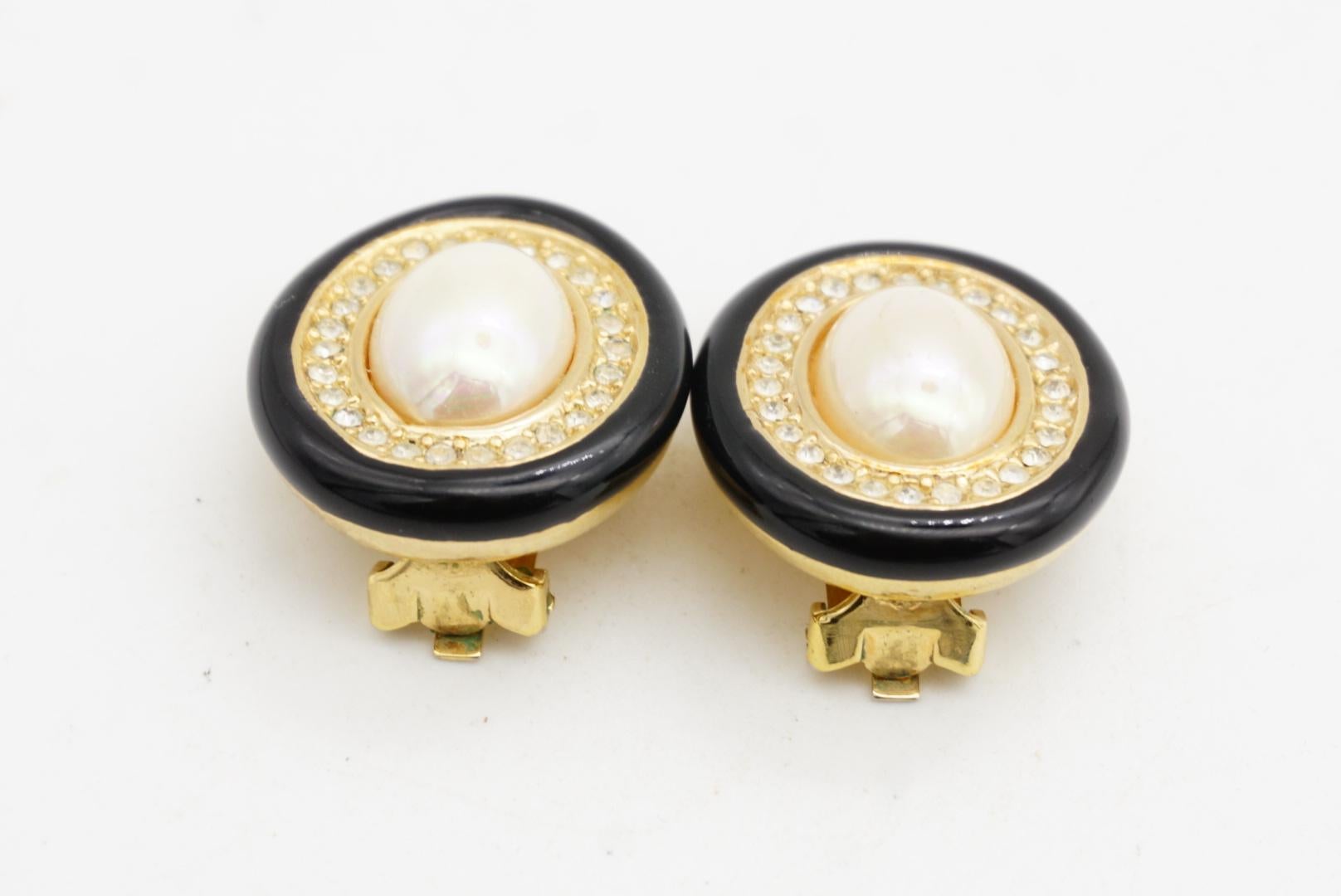 Christian Dior Vintage 1980 Large White Pearl Crystals Oval Black Earrings Gold For Sale 8