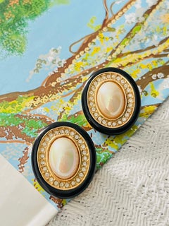 Christian Dior Vintage 1980 Large White Pearl Crystals Oval Black Earrings Gold