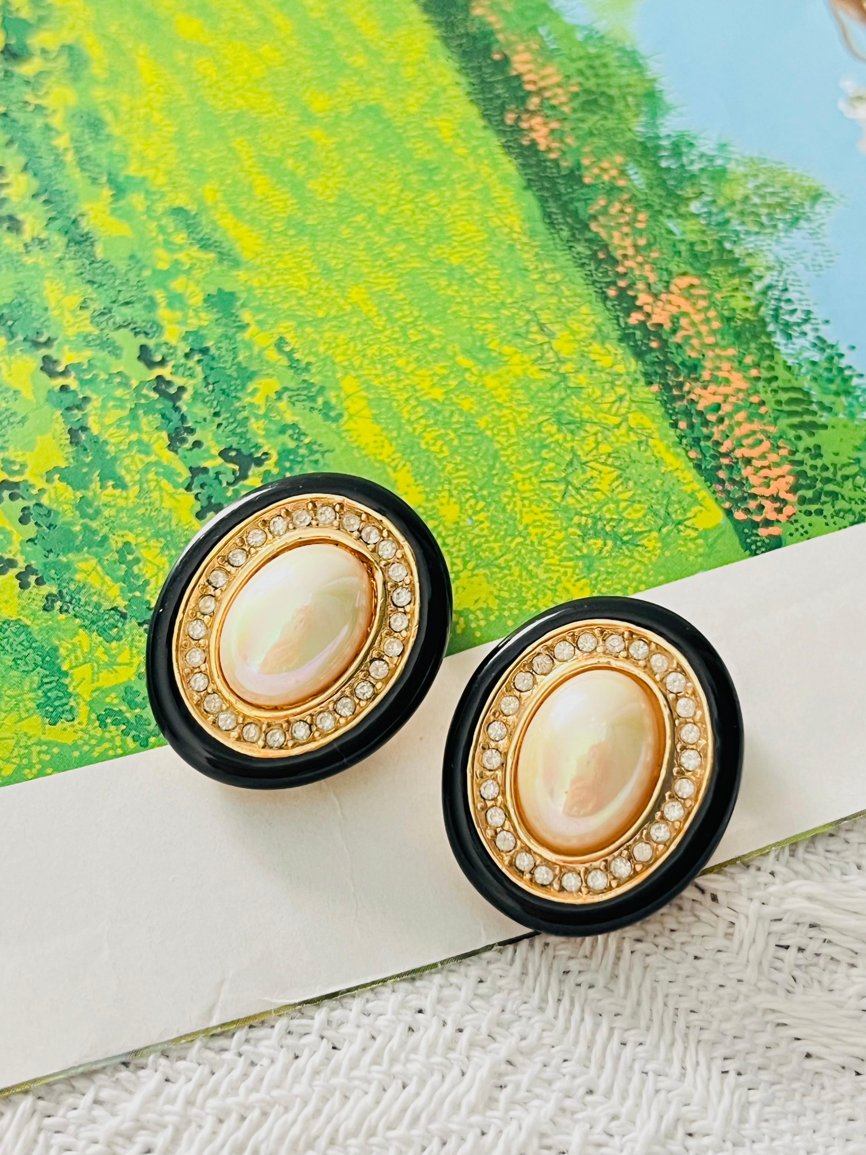 Art Deco Christian Dior Vintage 1980 Large White Pearl Crystals Oval Black Earrings Gold For Sale