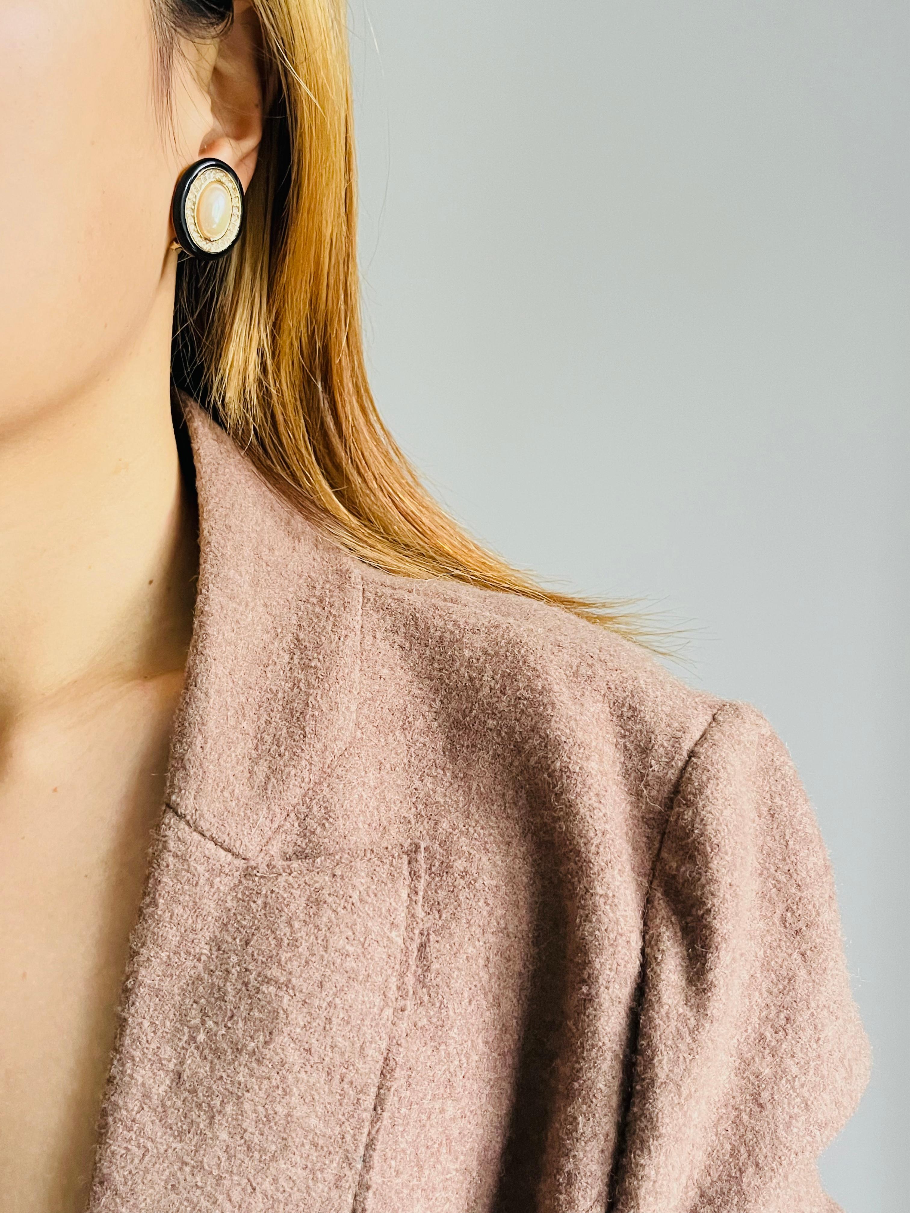 Women's or Men's Christian Dior Vintage 1980 Large White Pearl Crystals Oval Black Earrings Gold For Sale