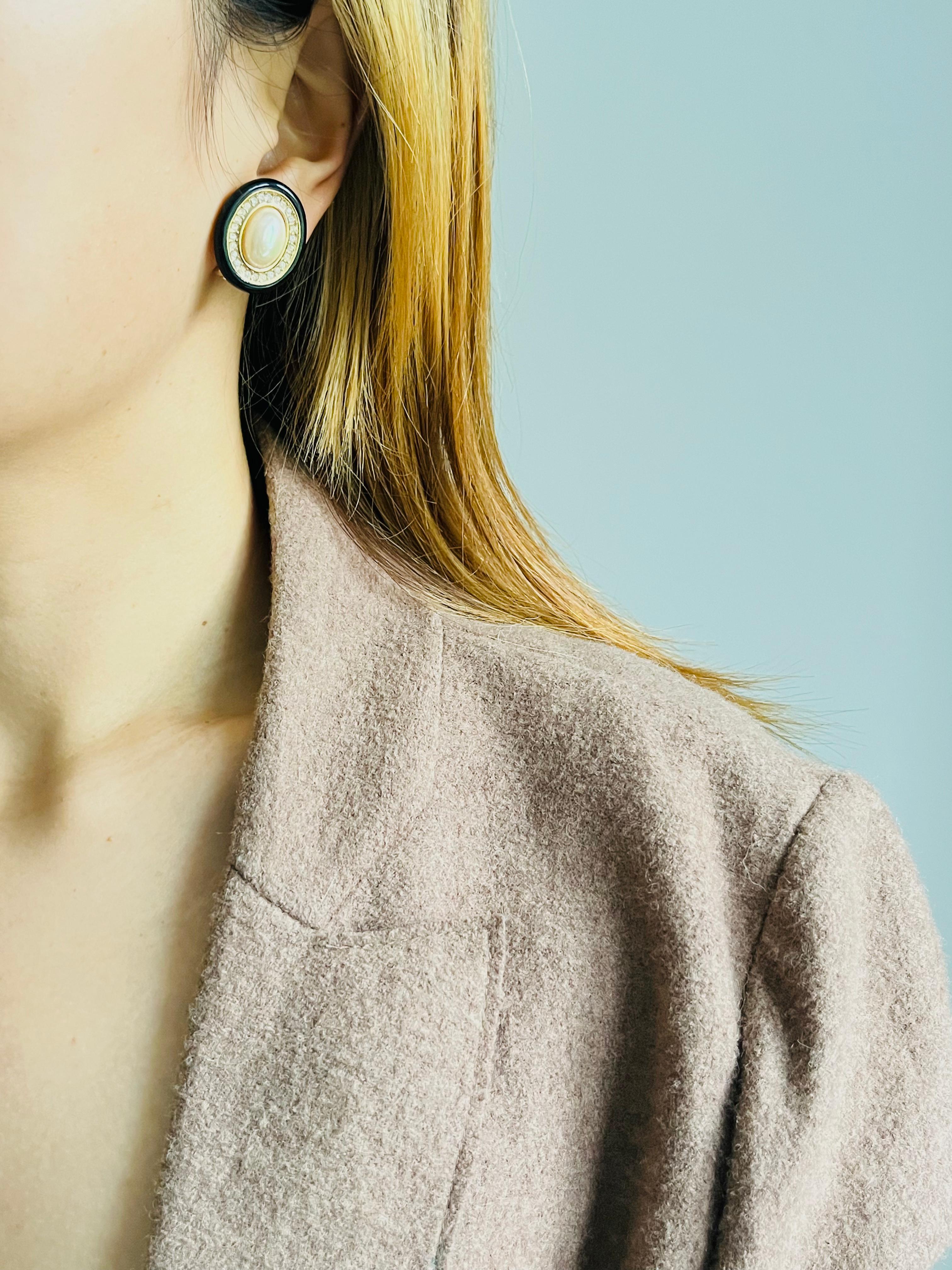 Christian Dior Vintage 1980 Large White Pearl Crystals Oval Black Earrings Gold For Sale 1