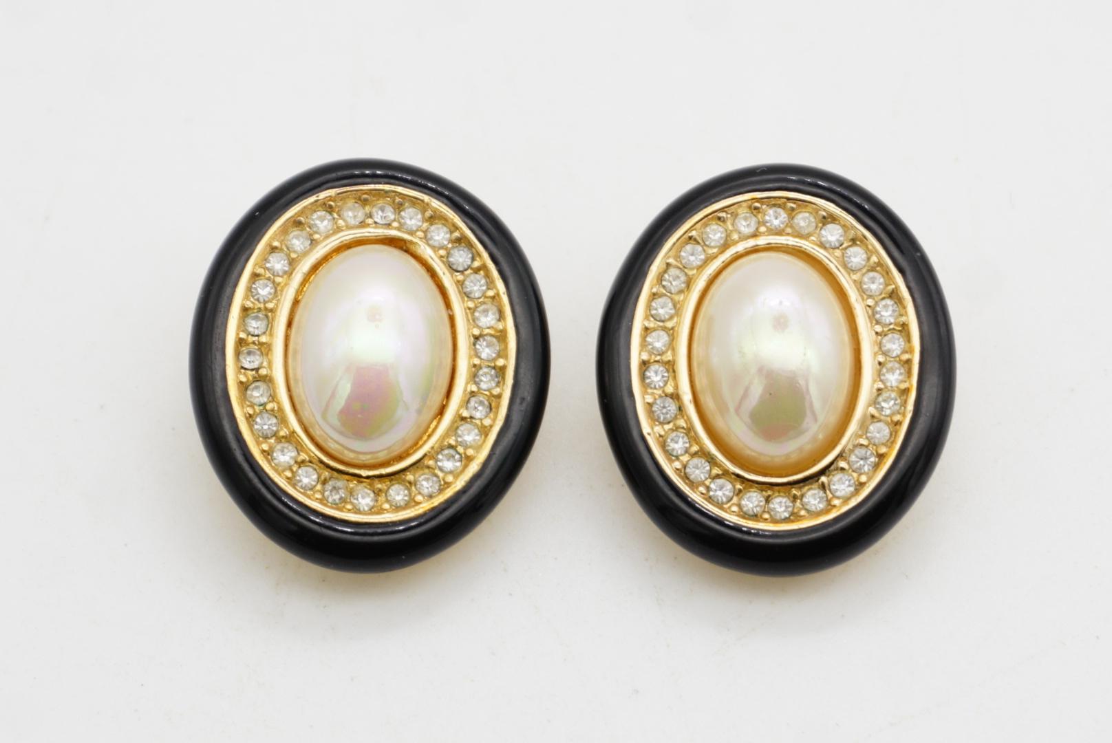 Christian Dior Vintage 1980 Large White Pearl Crystals Oval Black Earrings Gold For Sale 2