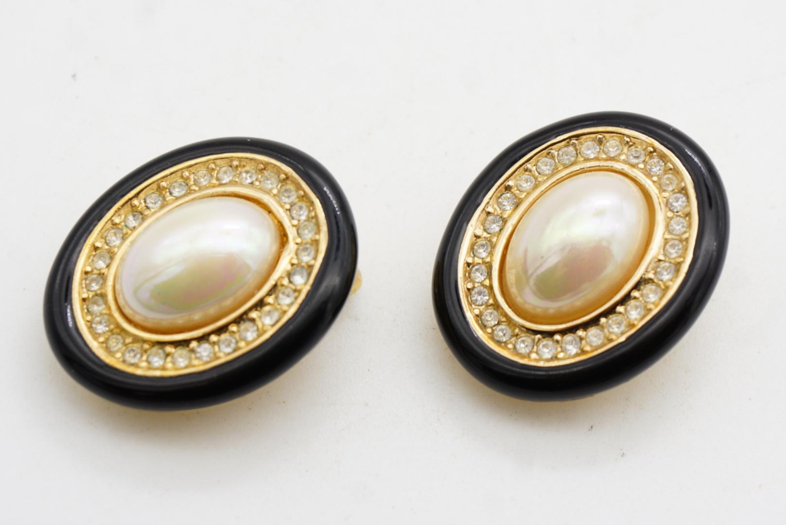 Christian Dior Vintage 1980 Large White Pearl Crystals Oval Black Earrings Gold For Sale 3