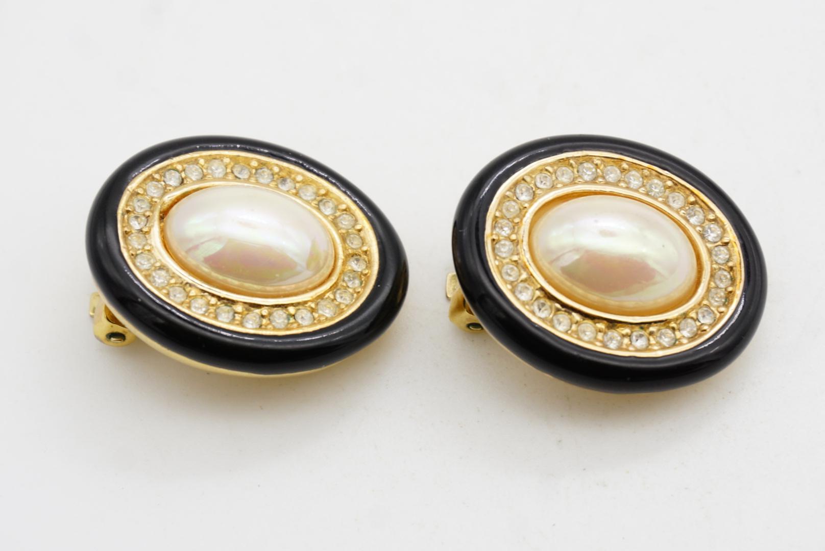Christian Dior Vintage 1980 Large White Pearl Crystals Oval Black Earrings Gold For Sale 4