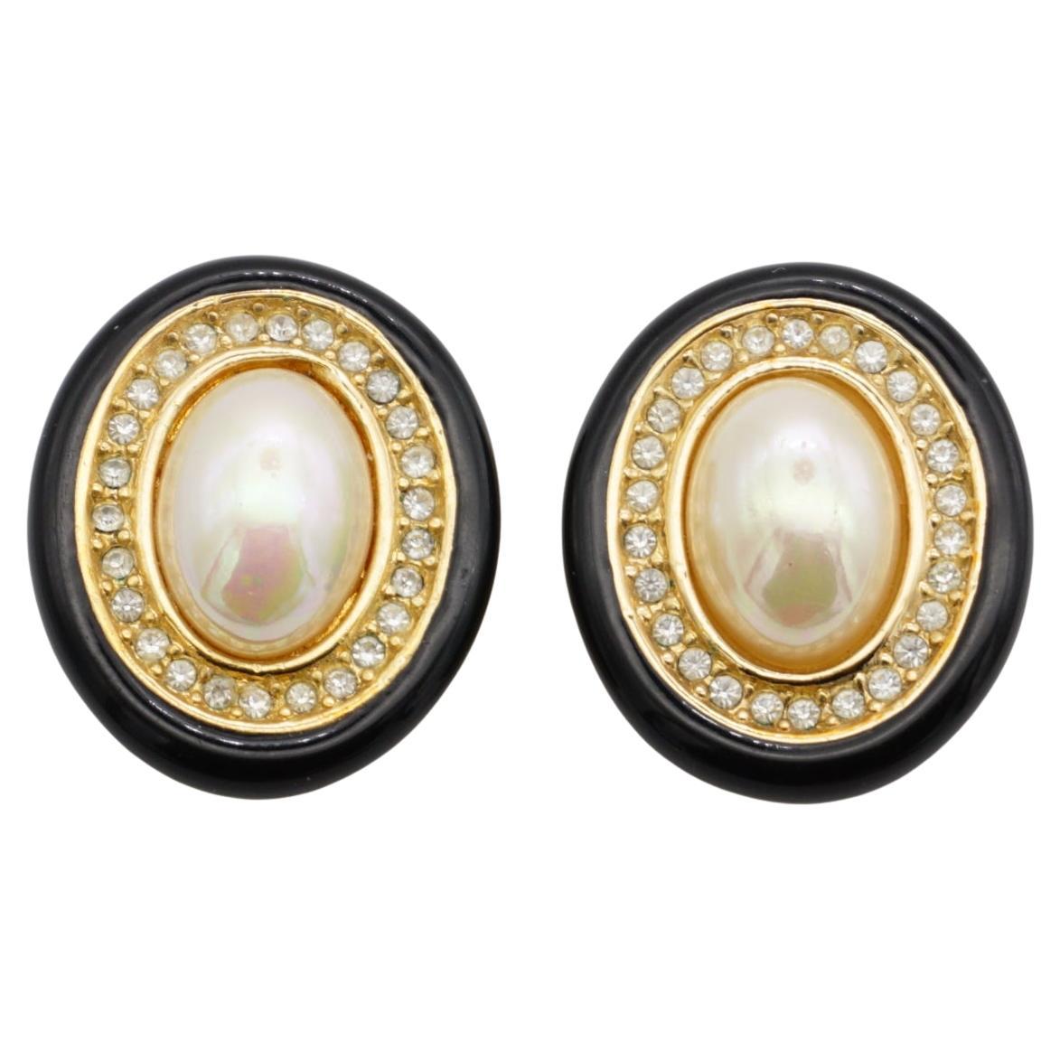 Christian Dior Vintage 1980 Large White Pearl Crystals Oval Black Earrings Gold For Sale