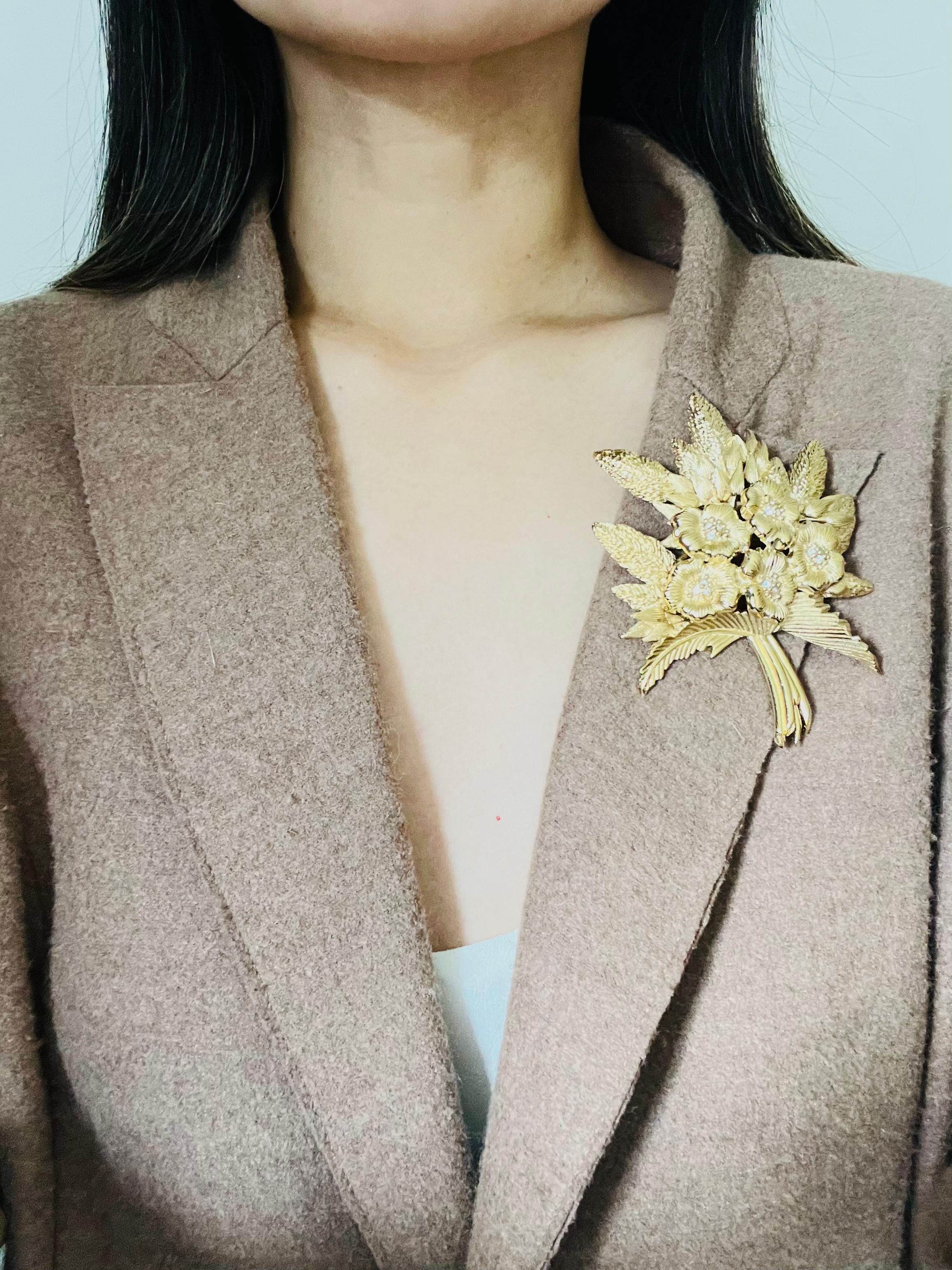 Christian Dior Vintage 1980 Broche Ramo Flor Hoja Cristales Masivos 2