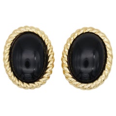 Christian Dior Vintage 1980 Massive Onyx Black Enamel Gold Oval Spiral Earrings