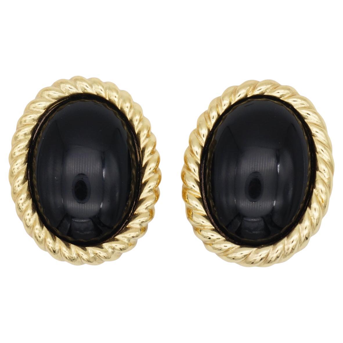 Christian Dior Vintage 1980 Massive Onyx Black Enamel Gold Oval Spiral Earrings For Sale